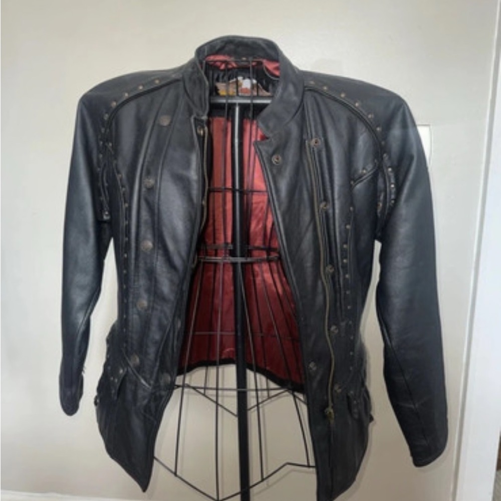 Harley Women’s Black Leather Studded Jacket with Red Lining